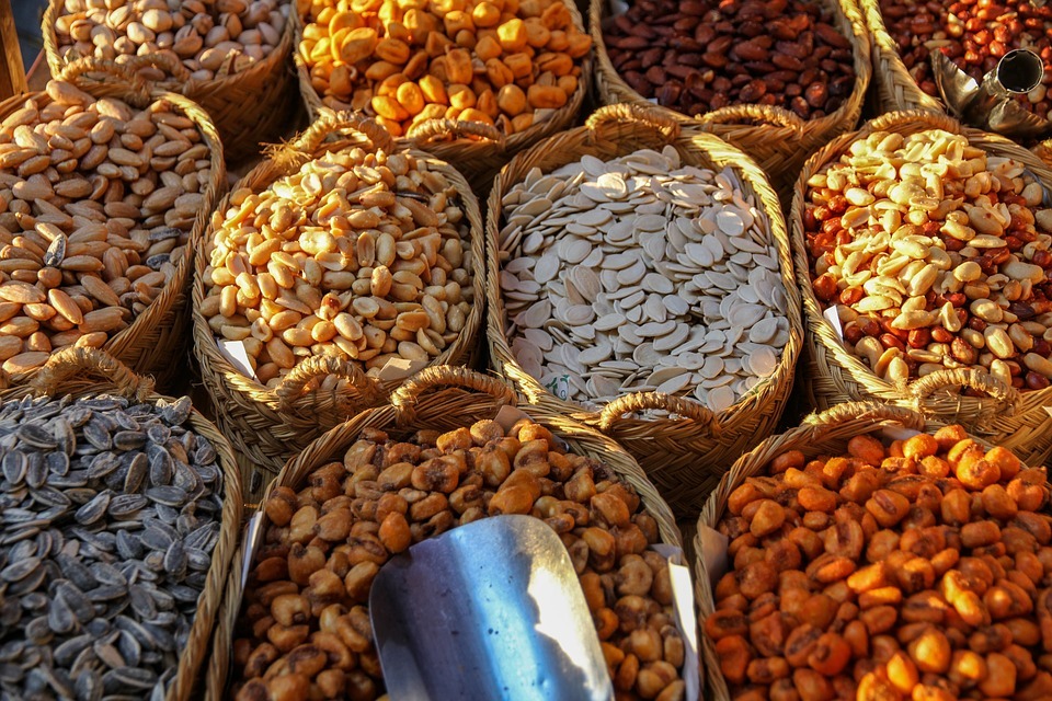baskets of roasted seeds and nuts