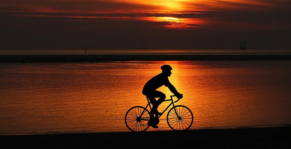 silhoutte of a biker by the golden sea