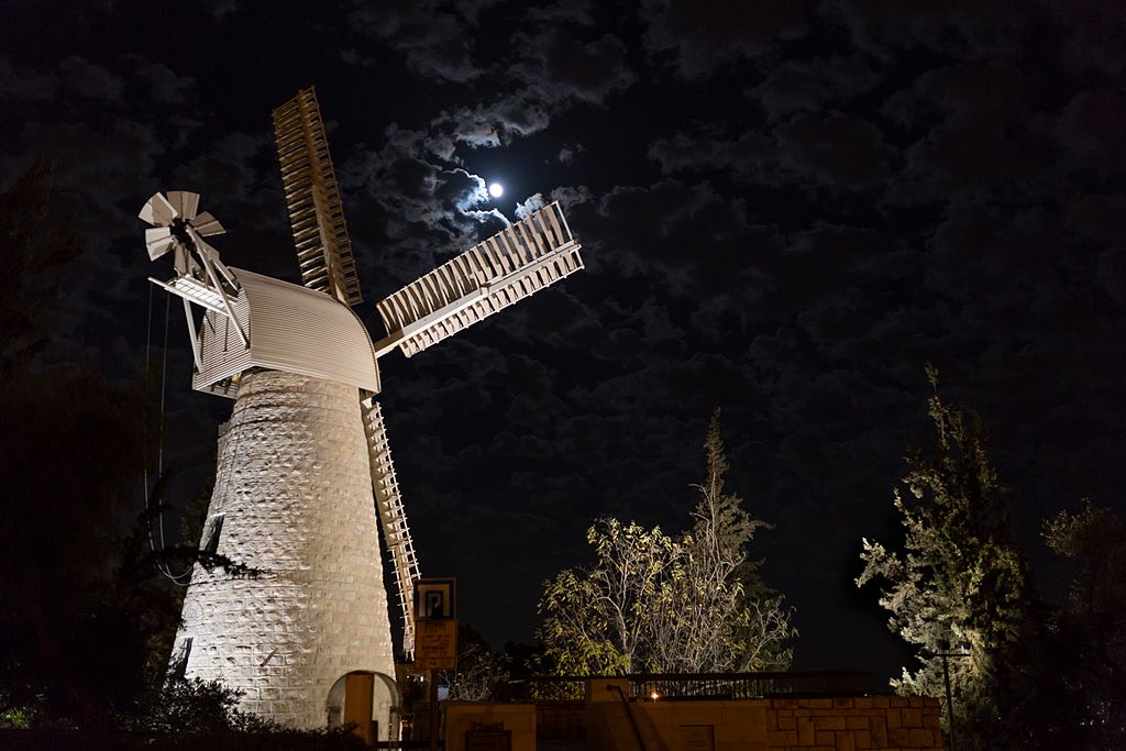 a windmill at night