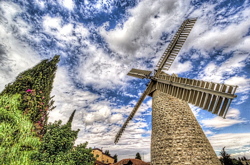 HDR capture of a windmill over a blue, cloudy sky