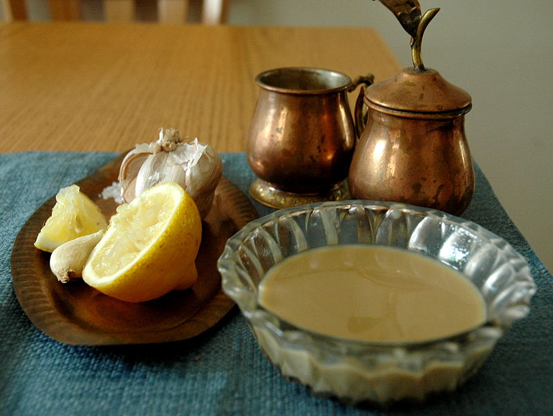 dish of tahini with lemon and garlic