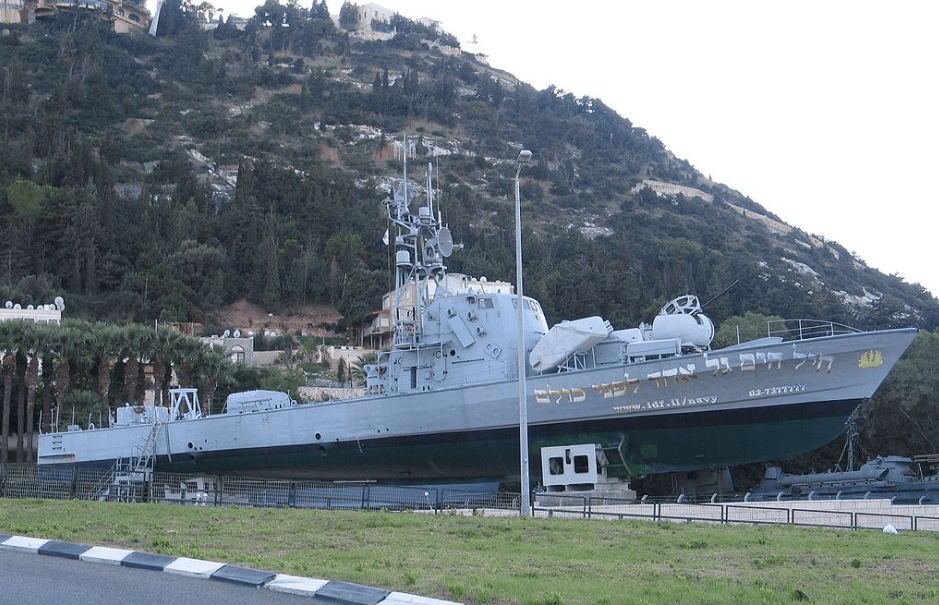 INS Mivtach on outdoor display at the Clandestine Immigration and Naval Museum in Haifa
